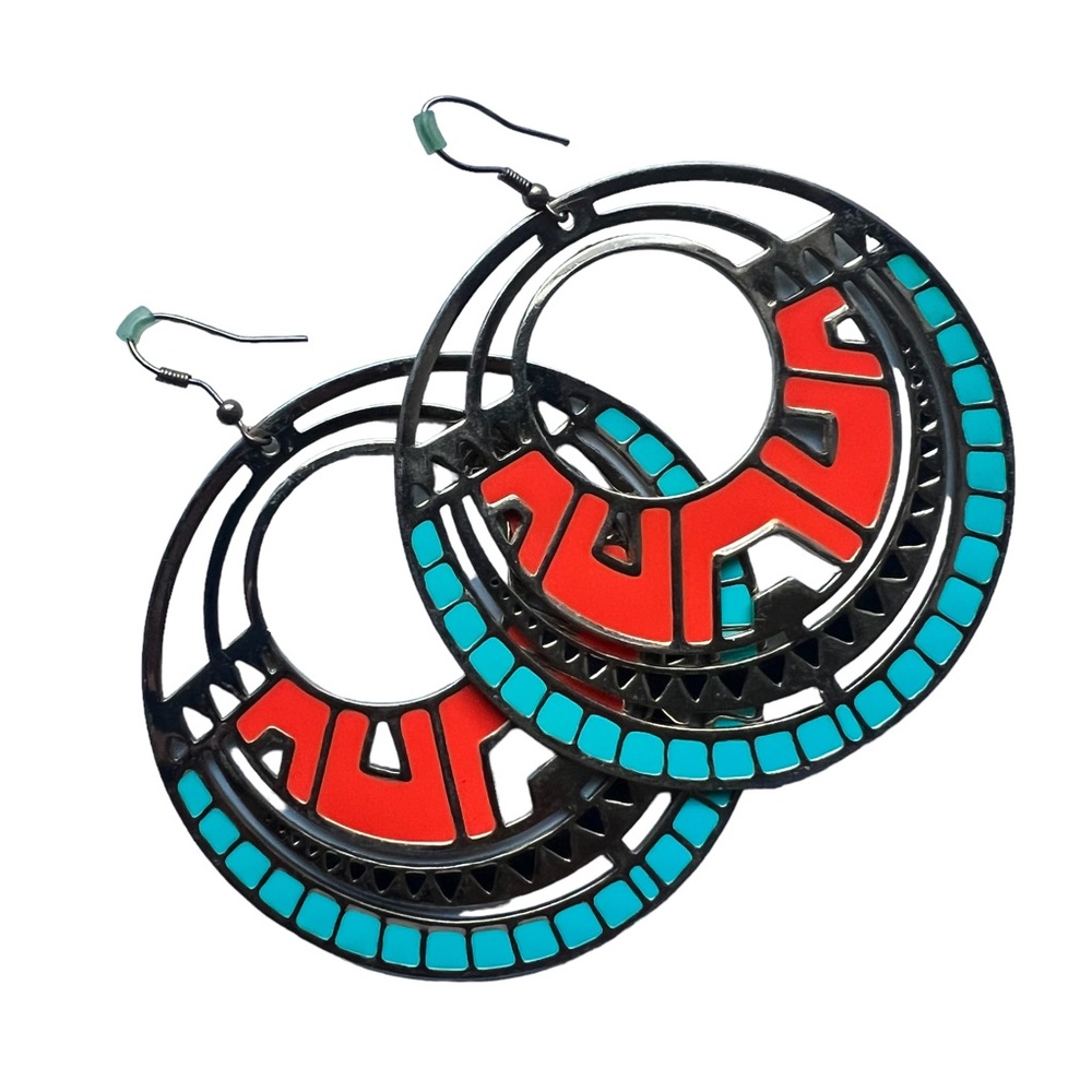 Gold Color Orange and Teal Detailed Hoop Earring
